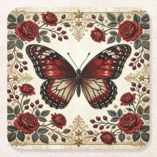 Elegante rote Schmetterlingsrose im Vintage-Muster Rechteckiger Pappuntersetzer