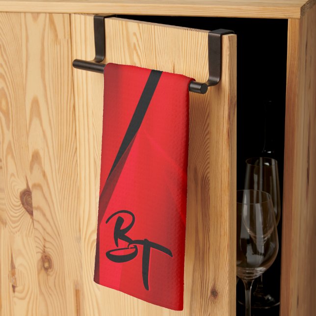 Elegante rote schwarze abstrakte Designinitialen Geschirrtuch (Drittel gefaltet)