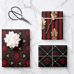 Elegante rote, schwarze und goldene Vintage-Muster Geschenkpapier Set