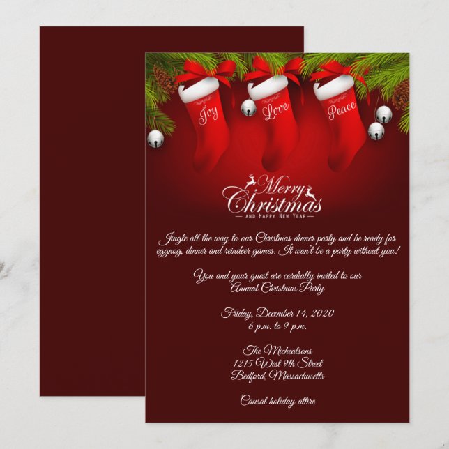 Elegante Rote Strumpf Weihnachts-Party Einladung (Vorne/Hinten)