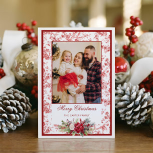 Elegante rote Toile mit Winter-Blumenfoto Feiertagskarte
