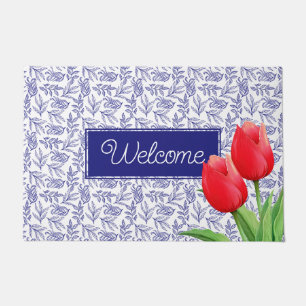 Elegante rote Tulpen Frühlingsblumen Blau Willkomm Fußmatte