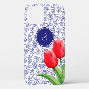 Elegante rote Tulpen Frühlingsblumen Blaues Monogr Case-Mate iPhone Hülle
