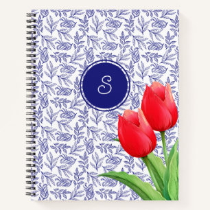 Elegante rote Tulpen Frühlingsblumen Blaues Monogr Notizbuch