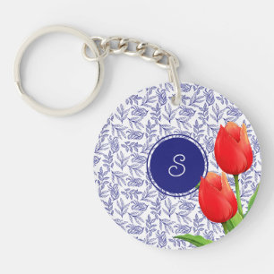 Elegante rote Tulpen Frühlingsblumen blaues Monogr Schlüsselanhänger