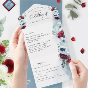 Elegante rote und blaue Hochzeit mit perforierter All In One Einladung