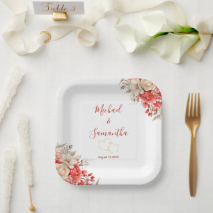 Elegante rote und elfenbeinfarbene Rosenhochzeit Pappteller