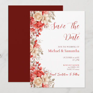 Elegante rote und elfenbeinfarbene Rosenhochzeit Save The Date