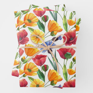 Elegante rote und gelbe Mohnblumen, Kornblumen Geschenkpapier Set