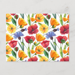 Elegante rote und gelbe Mohnblumen, Kornblumen Postkarte