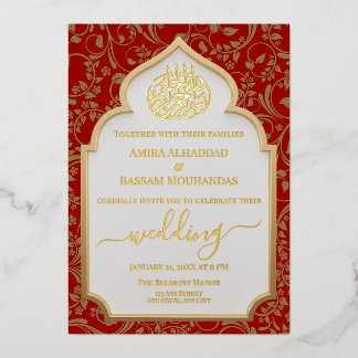 Elegante Rote und Gold Real Foil Islamische Hochze Folieneinladung