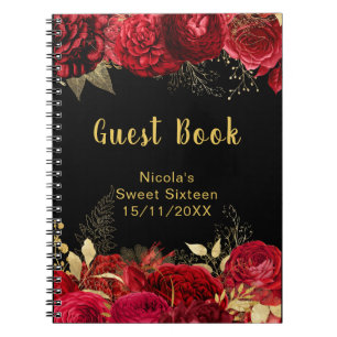 Elegante rote und goldene Blumen Sweet Sixteen Notizblock