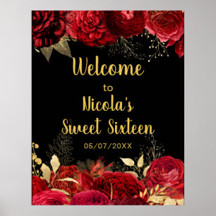 Elegante rote und goldene Blumen Sweet Sixteen Wil Poster