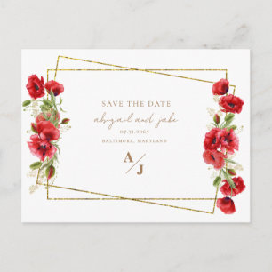 Elegante rote und goldene florale Hochzeit - Merkt Postkarte