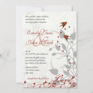 Elegante rote und graue Herzen Lovebird-Hochzeit Einladung