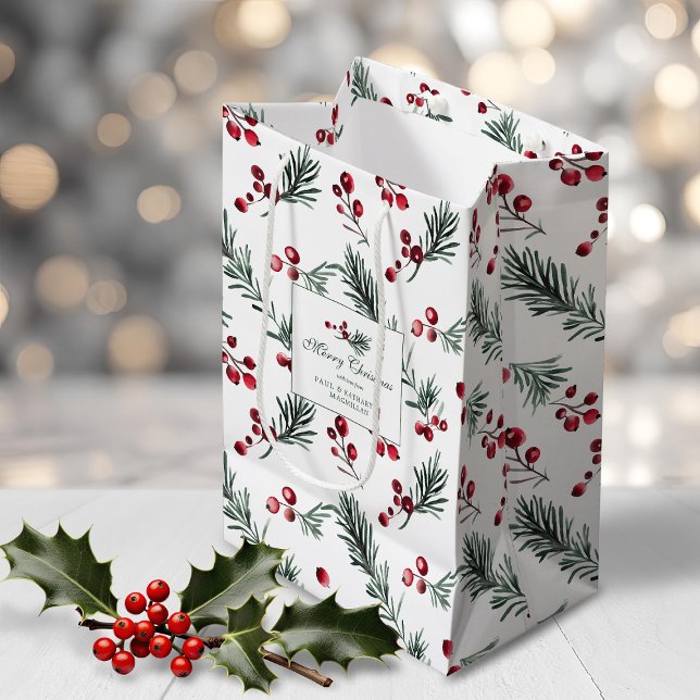 Elegante rote und grüne botanische WeihnachtsCusto Mittlere Geschenktüte (Elegant Red and Green Botanical Christmas Custom Medium Gift Bag)