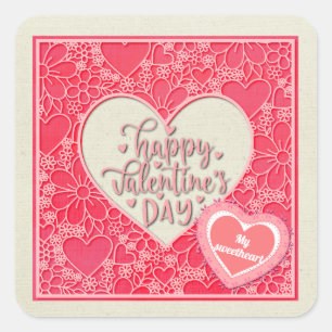 Elegante rote und rosa florale Herzen Valentinstag Quadratischer Aufkleber