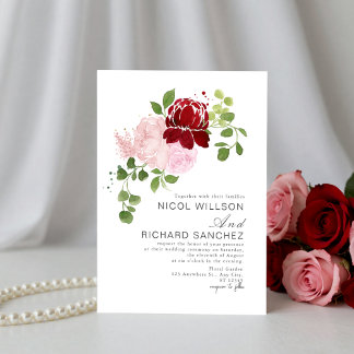 Elegante rote und rosa Sommer-Blumenhochzeit Einladung