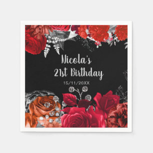 Elegante rote und silberne Blumen Geburtstagsfeier Serviette
