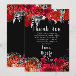 Elegante rote und silberne Blumen Sweet Sixteen Dankeskarte