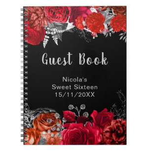 Elegante rote und silberne Blumen Sweet Sixteen Notizblock