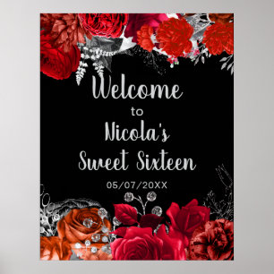 Elegante rote und silberne Blumen Sweet Sixteen  Poster