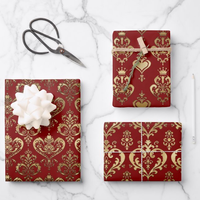 Elegante Rote und Verzierte Herzen Damaskus Geschenkpapier Set (Vorderseite)