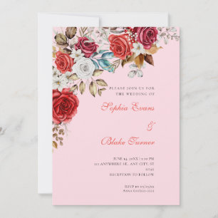 Elegante rote und weiße Rosen Sanfte rosa Hochzeit Einladung