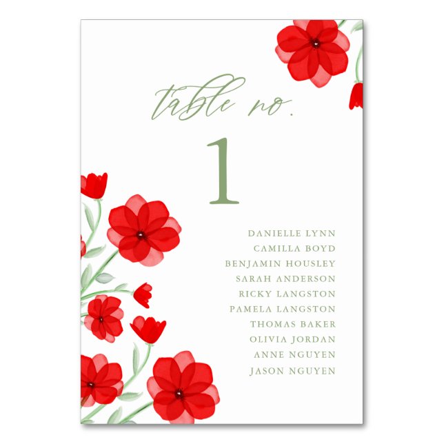 Elegante Rote Wasserfarbe Poppy Blumenblume Tischn Tischnummer (Vorderseite)