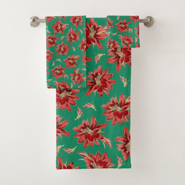 Elegante Rote Weihnachtskaktus-Blume auf Grün Badhandtuch Set (Insitu)