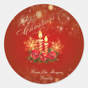 Elegante rote Weihnachtskerzen, Kugeln, Schneefloc Runder Aufkleber