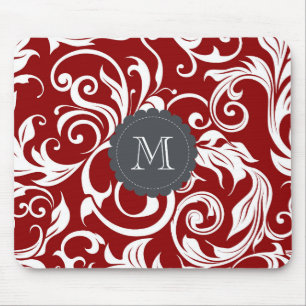 Elegante rote Weinmonogramm-Blumen-Tapete Mousepad