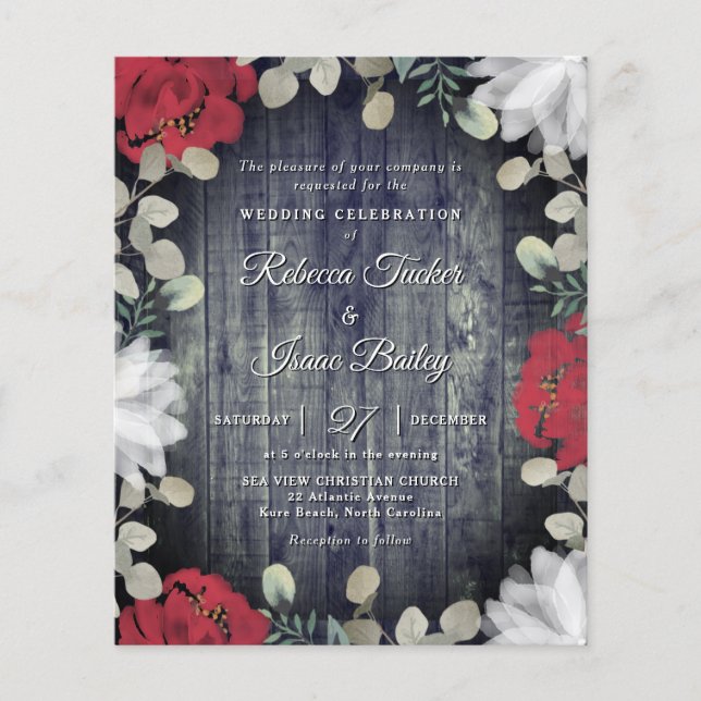 Elegante Rote Weiße Blumengrün Einladung Hochzeit (Vorderseite)