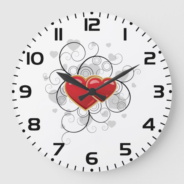 Elegante rote Zwillingsherzen mit florierenden Sch Große Wanduhr (Vorderseite)