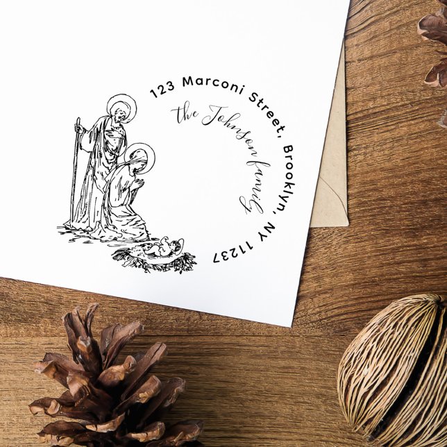 Elegante Round Nativity Scene Family Rücksendeadre Permastempel (Von Creator hochgeladen)