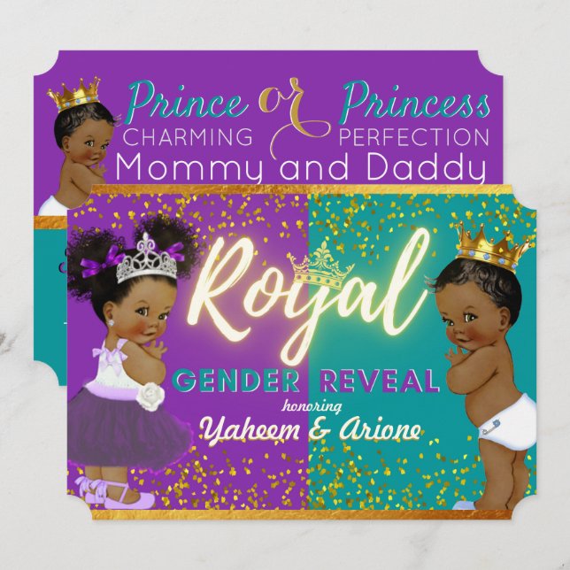 Elegante Royal African Gender Reveal Lila und Aqua Einladung (Vorne/Hinten)
