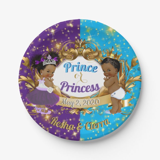 Elegante Royal African Lila & Blue Gender Reveal Pappteller (Vorderseite)
