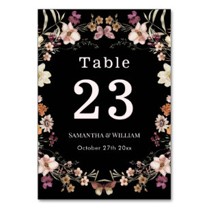 Elegante Royal Black Pastel Wildblume Boho Wedding Tischnummer