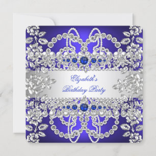 Elegante Royal Blau Diamanten Silber Floral Geburt Einladung