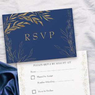 Elegante Royal Blue and Gold Leaf RSVP Card Karte