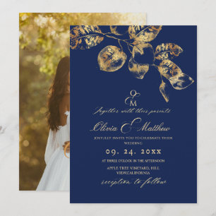 Elegante Royal Blue and Gold Leafs Wedding Einladung