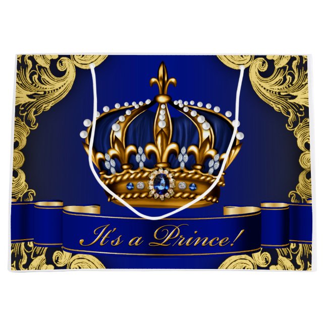 Elegante Royal Blue and Gold Prince Baby Dusche Große Geschenktüte (Vorderseite)