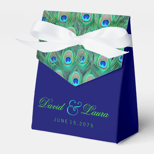 Elegante Royal Blue and Green Peacock Wedding Geschenkschachtel (Vorderseite)