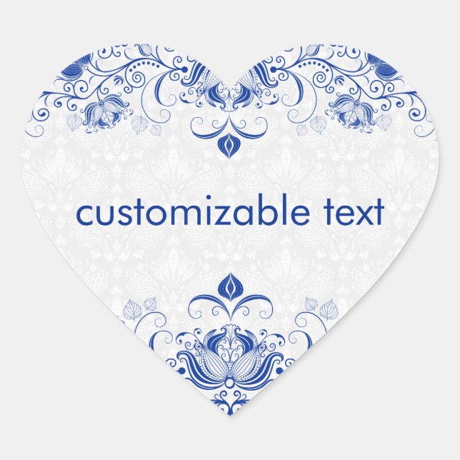 Elegante Royal Blue and White Damaskus & Wirbel 2 Herz-Aufkleber (Vorderseite)