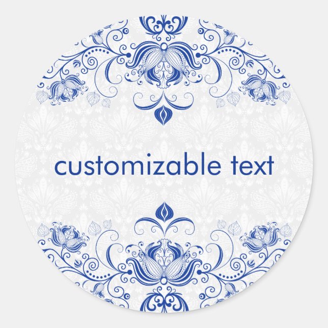 Elegante Royal Blue and White Damaskus & Wirbel 2 Runder Aufkleber (Vorderseite)
