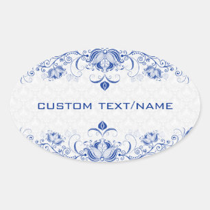 Elegante Royal Blue and White Damaskus & Wirbel Ovaler Aufkleber