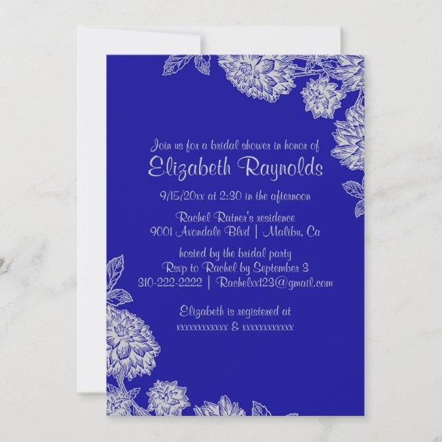 Elegante Royal Blue Bridal Dusche Einladungen (Vorderseite)