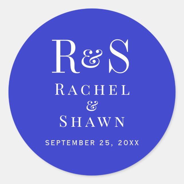 Elegante Royal Blue Chic Moderne Monogram Wedding Runder Aufkleber (Vorderseite)