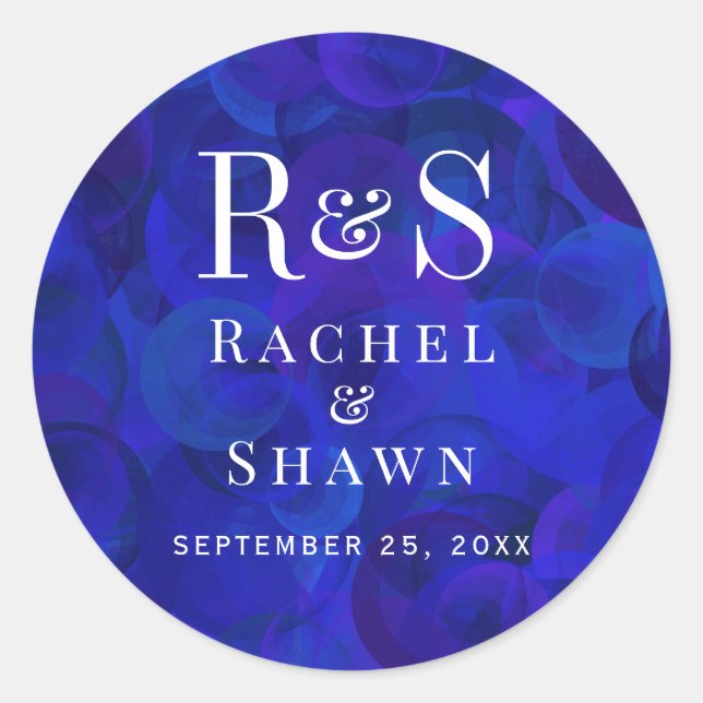 Elegante Royal Blue Chic Moderne Monogram Wedding Runder Aufkleber (Vorderseite)