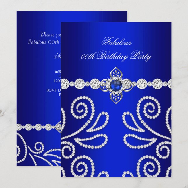 Elegante Royal Blue Diamond Pearl Birthday Party 2 Einladung (Vorne/Hinten)